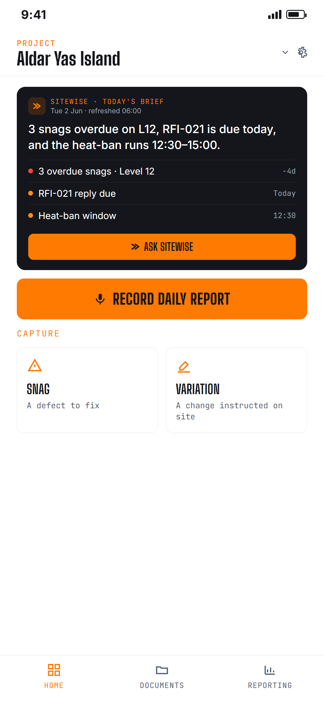 Construct Flow mobile home with a Sitewise Today’s Brief card: overdue snags, an RFI due today and the heat-ban window ranked, with an Ask Sitewise button.