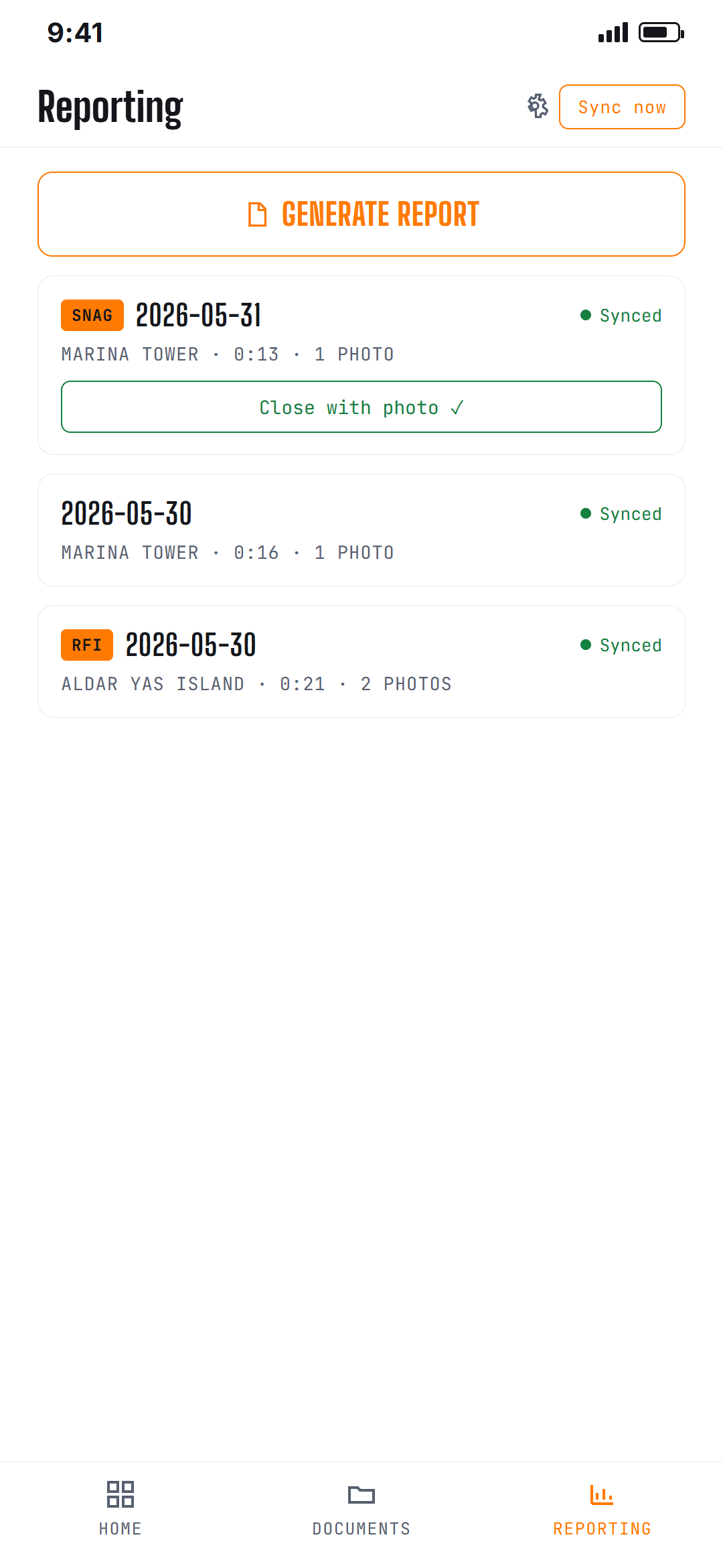 Construct Flow reporting feed: generated reports for Marina Tower and Aldar Yas Island, each marked Synced, with a Generate report button.
