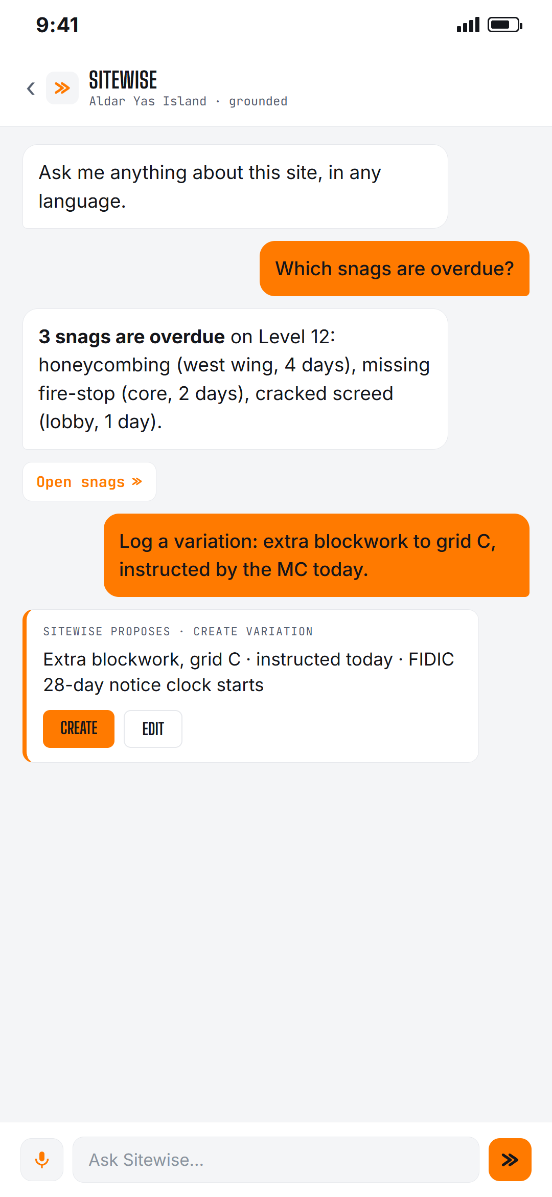 Construct Flow Sitewise chat on mobile: a grounded answer about overdue snags on Level 12 and a propose-action card to create a FIDIC variation.